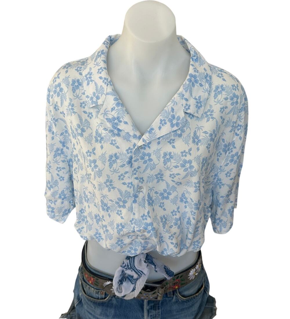 Hawaiian Shirt Button Down Crop Top One Size Boxy Coconutgirl Cotton Unique Blue
